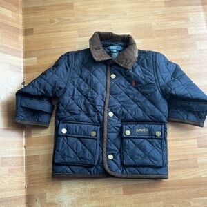 Polo Ralph Lauren boys' navy blue quilted barn jacket, blue/brown, size 18 mos